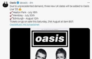 Oasis anuncia tres nuevas fechas en el Reino Unido para su gira de reunión tras una demanda de entradas “sin precedentes”