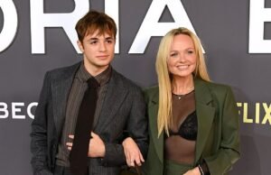 Emma Bunton desnuda su sostén con un atrevido top transparente mientras asiste al estreno del documental de Victoria Beckham en Netflix del brazo de su hermoso hijo Beau Jones.