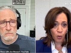 Jon Stewart lucha por ocultar su sorpresa ante la audaz afirmación de Kamala Harris de que Biden era “totalmente competente” para cumplir otro mandato.