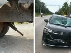 Barra de hierro de 100 kg se desprendió de un camión en Johor y mató a un pasajero al perforar el automóvil