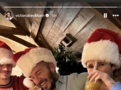 ¡Ojalá estuvieras aquí Brooklyn! David Beckham y sus hijos celebran la Navidad con gorros festivos de Papá Noel después de la púa apenas velada de su hijo mayor