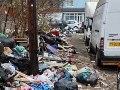 Árboles de Navidad y oropel abandonados ensucian las calles de Birmingham en medio de un año de miseria por la huelga de contenedores